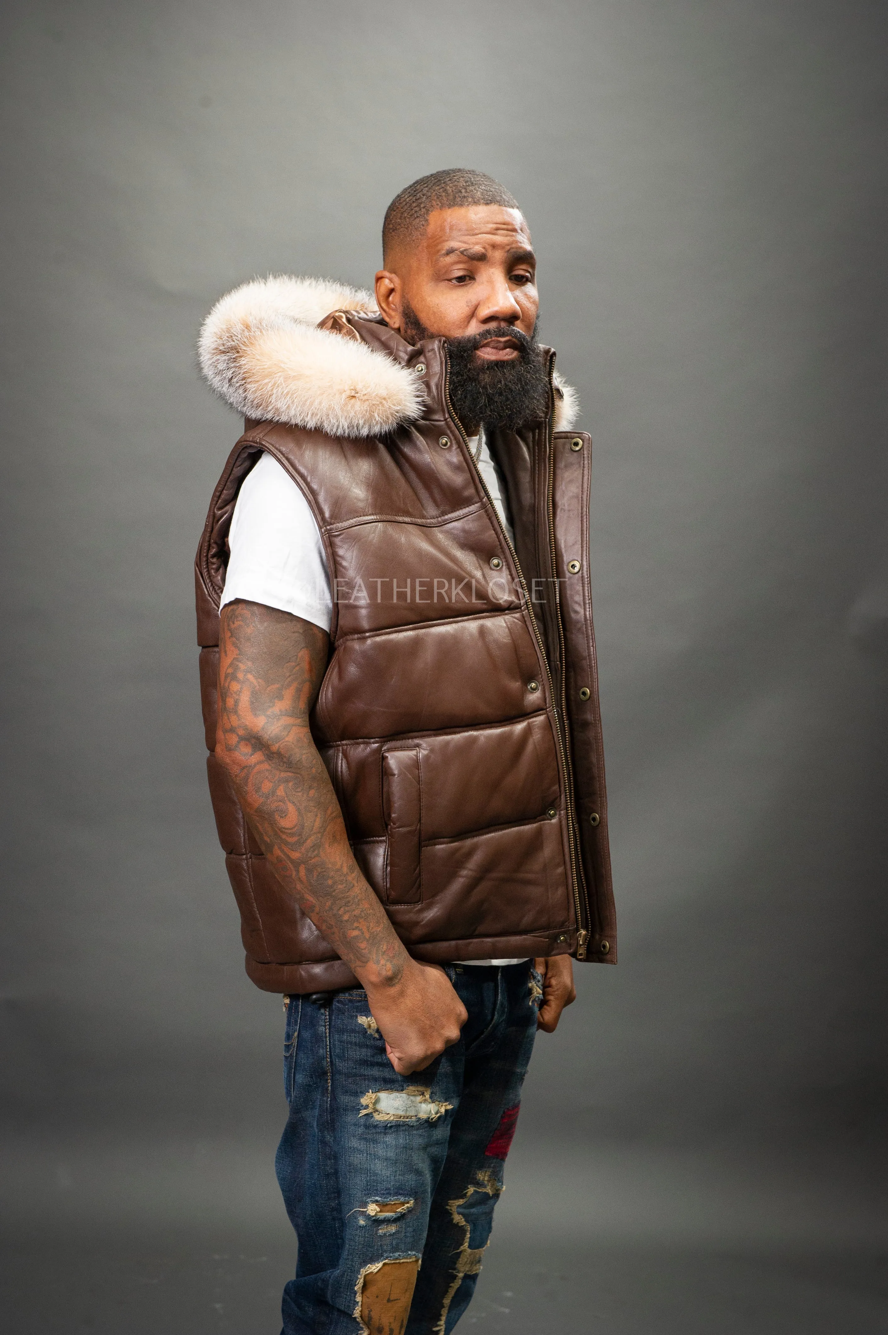 Men's Leather Bubble Vest With Fox Fur Hood [Chocolate]