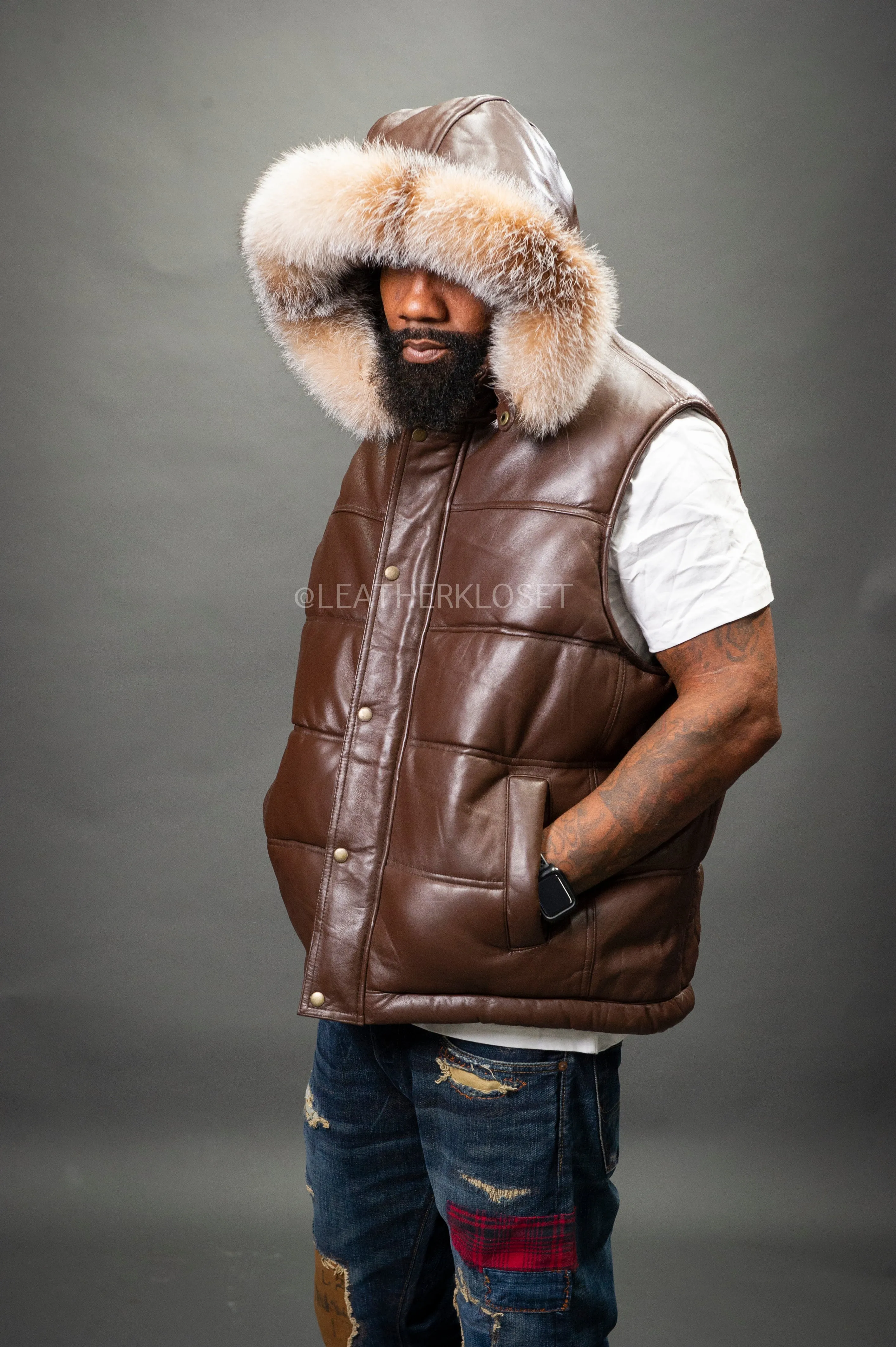 Men's Leather Bubble Vest With Fox Fur Hood [Chocolate]