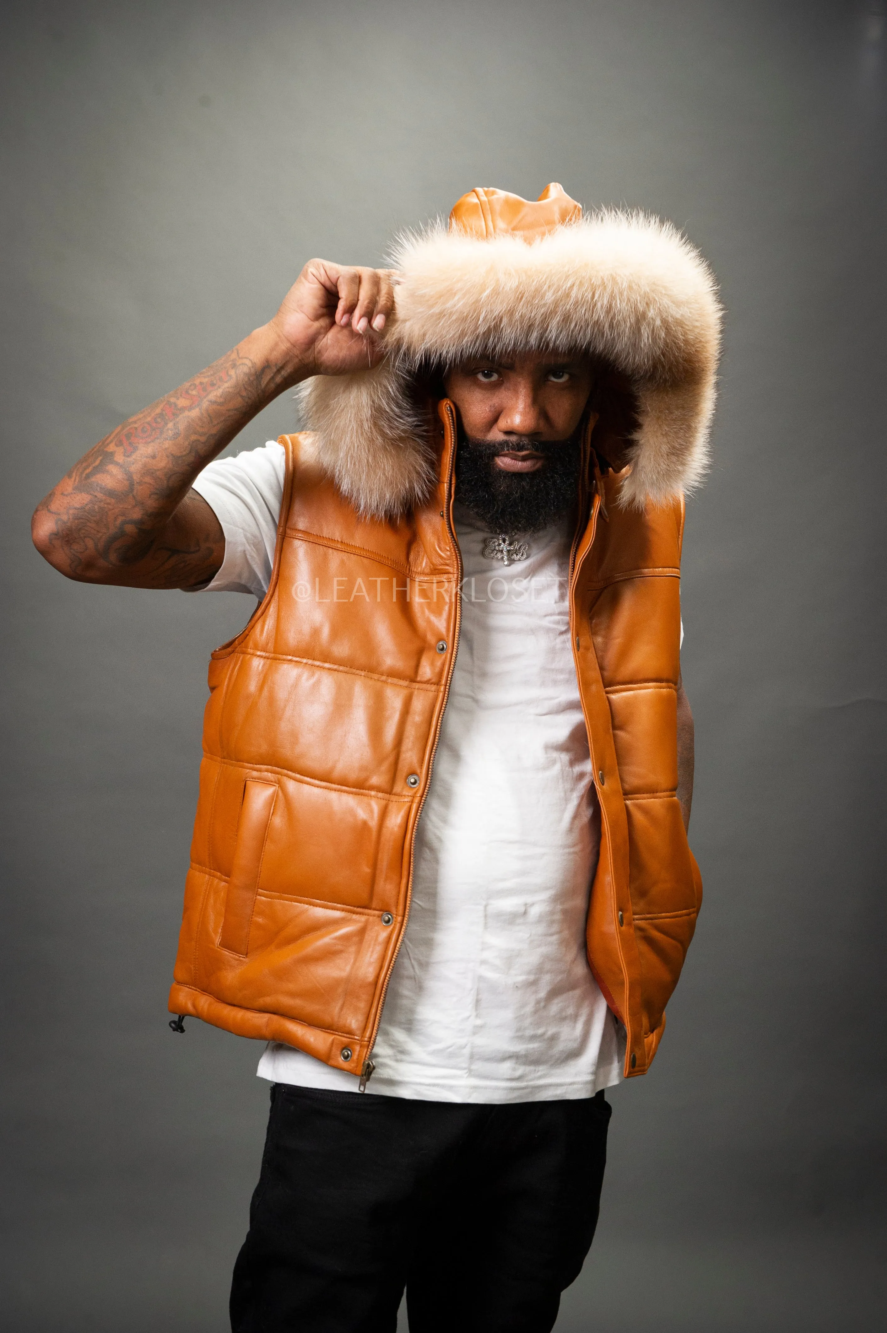 Men's Leather Bubble Vest With Fox Fur Hood [Saddle Brown]