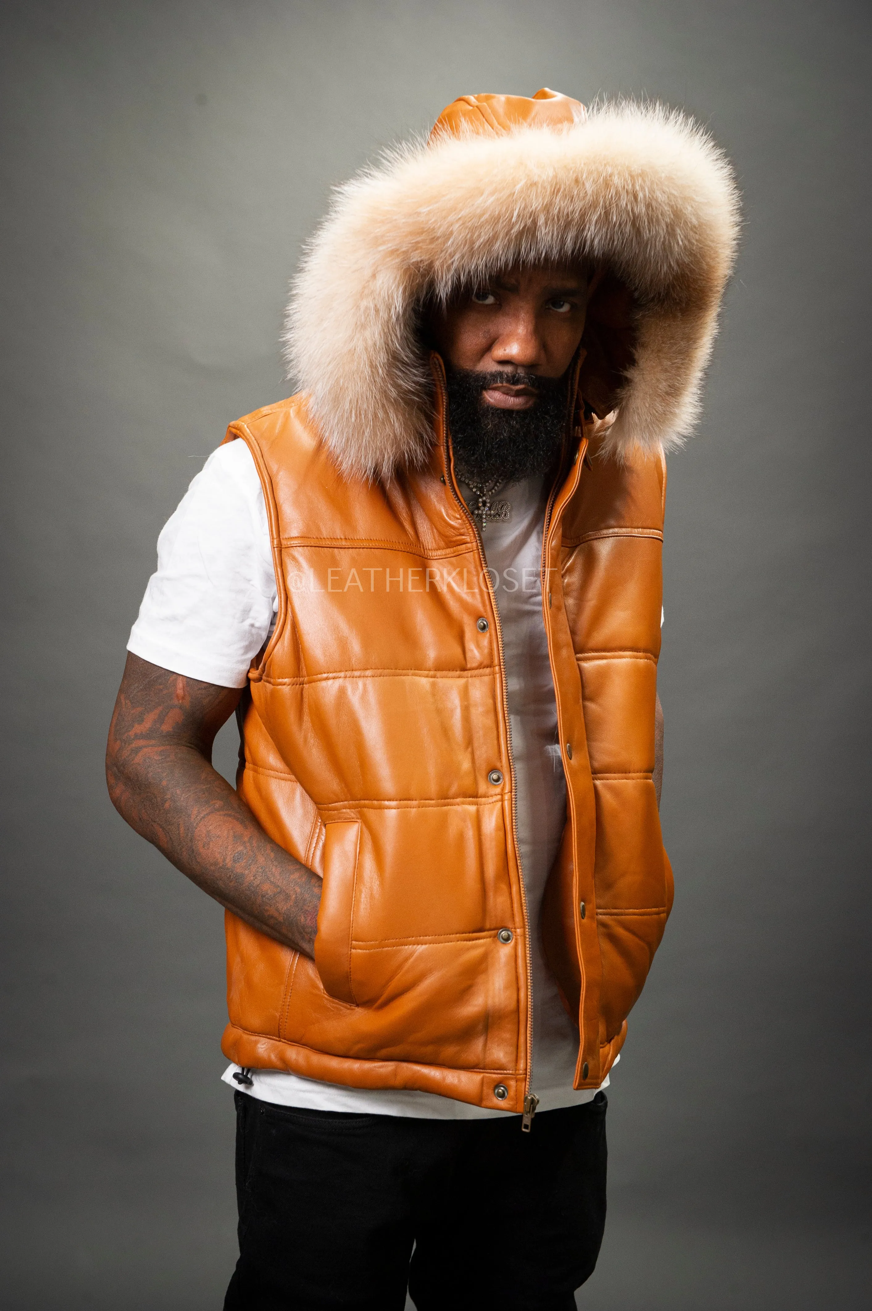 Men's Leather Bubble Vest With Fox Fur Hood [Saddle Brown]