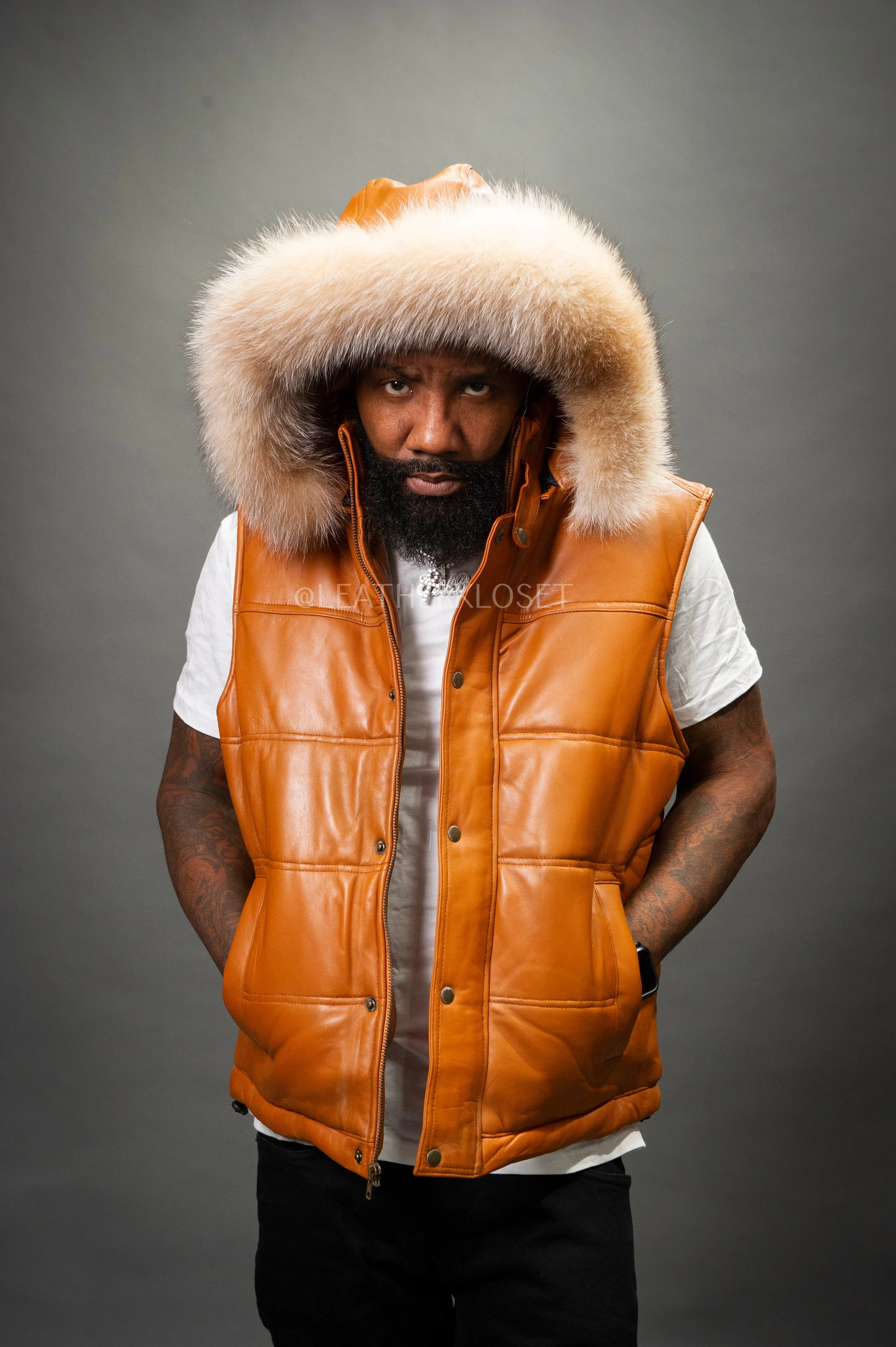 Men's Leather Bubble Vest With Fox Fur Hood [Saddle Brown]