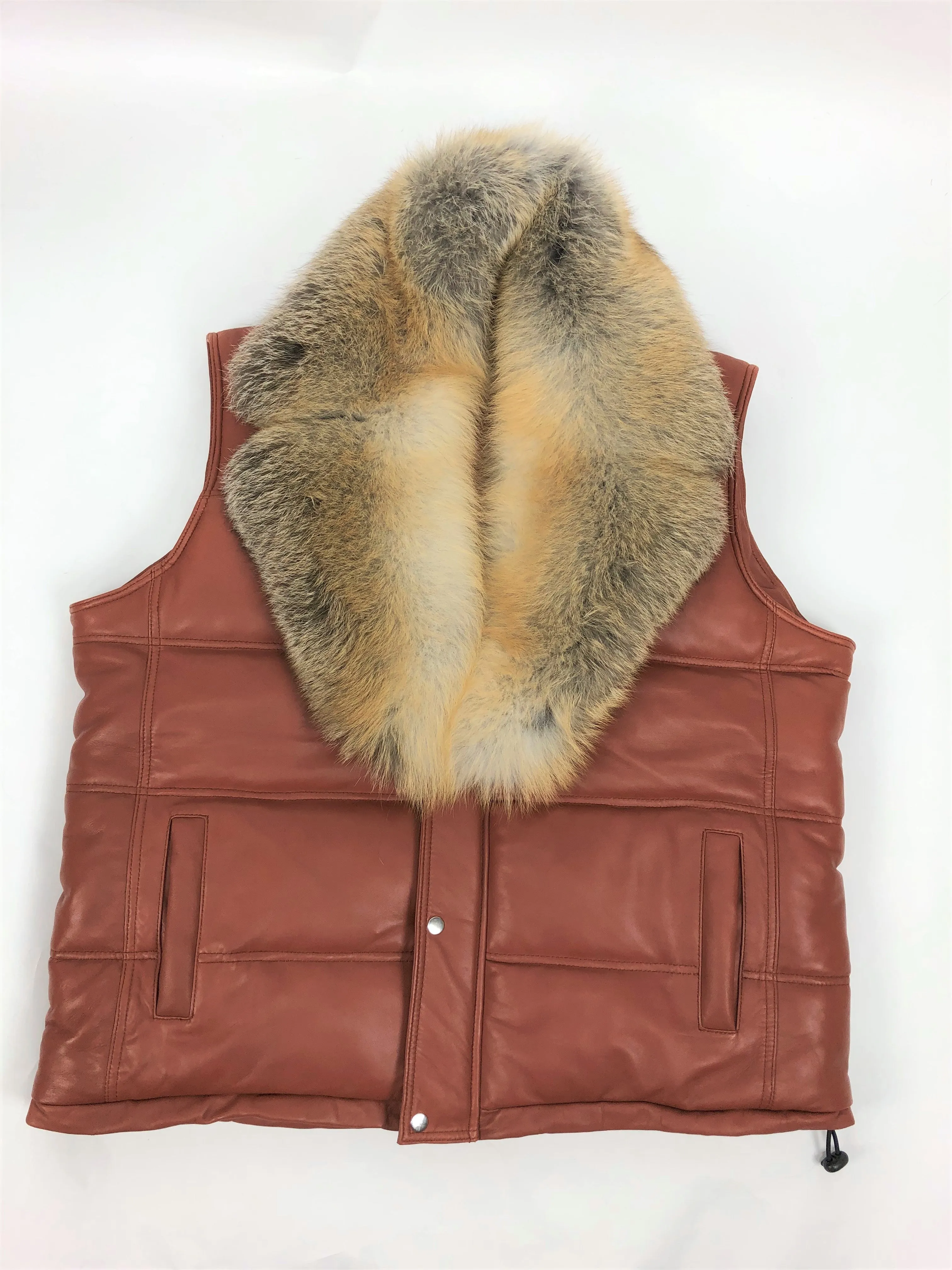 Men's Leather Bubble Vest With Full Fox Fur Collar