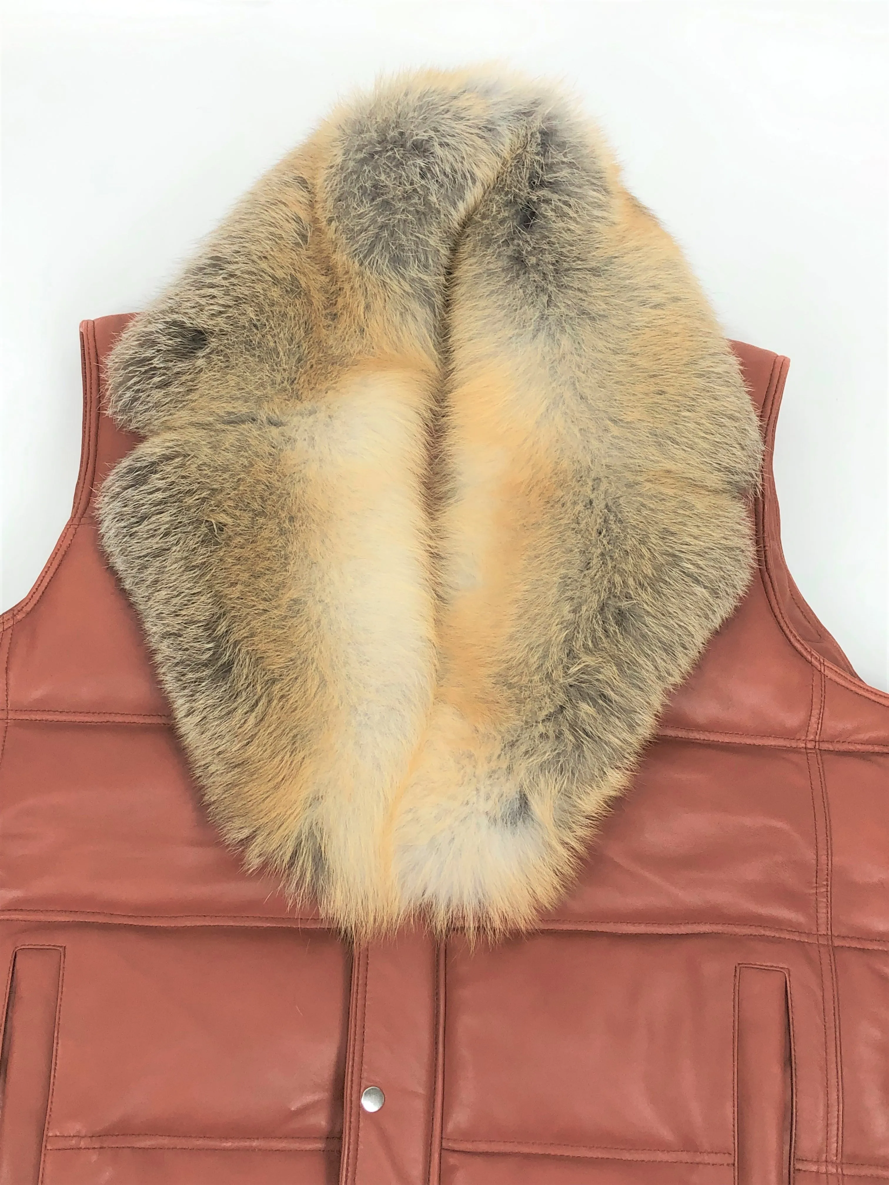 Men's Leather Bubble Vest With Full Fox Fur Collar