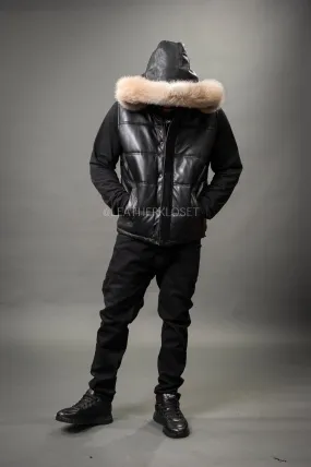 Men's Leather Bubble Vest With Premium Fox Fur Hood [Crystal Fox]