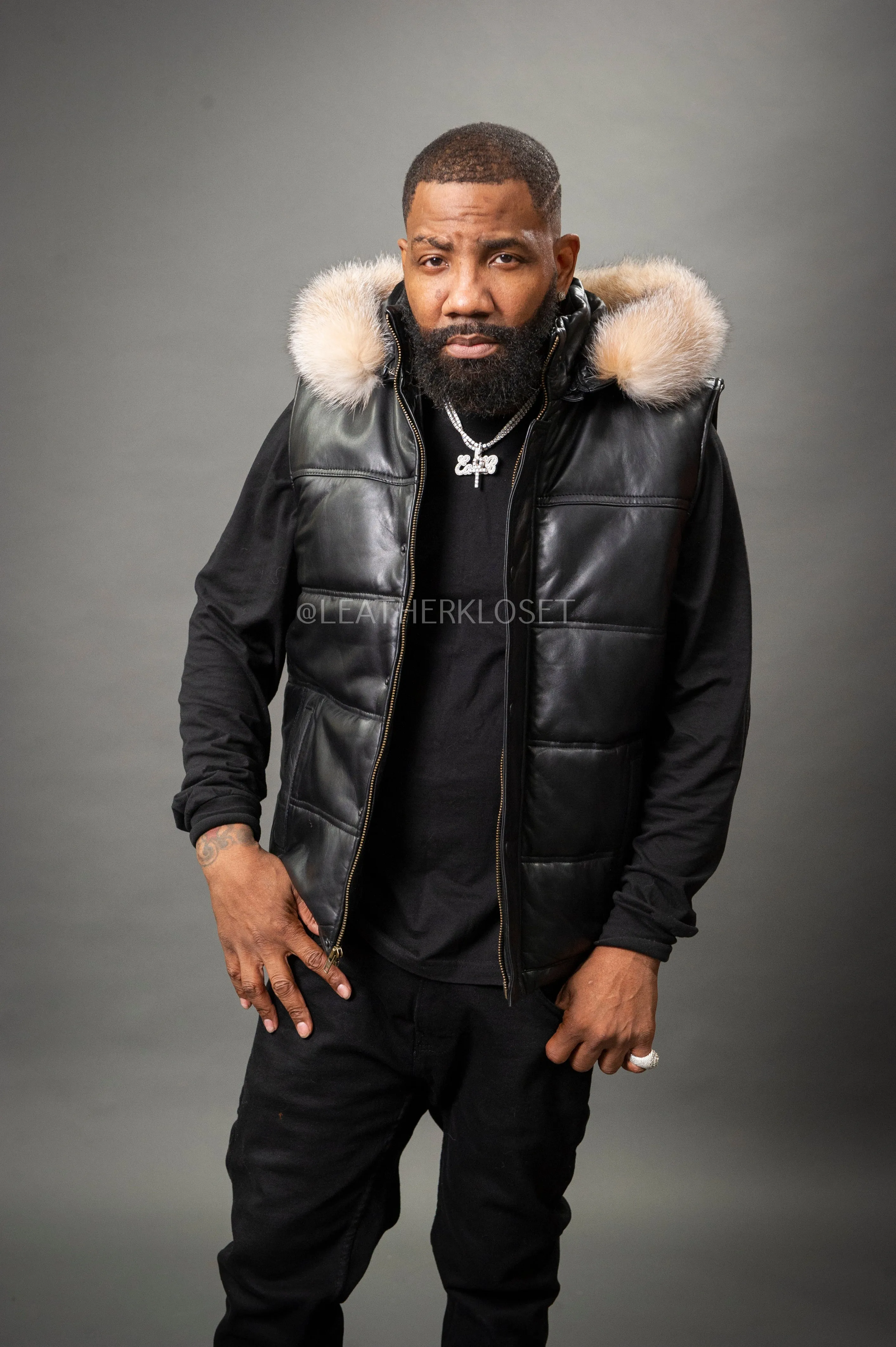 Men's Leather Bubble Vest With Premium Fox Fur Hood [Crystal Fox]