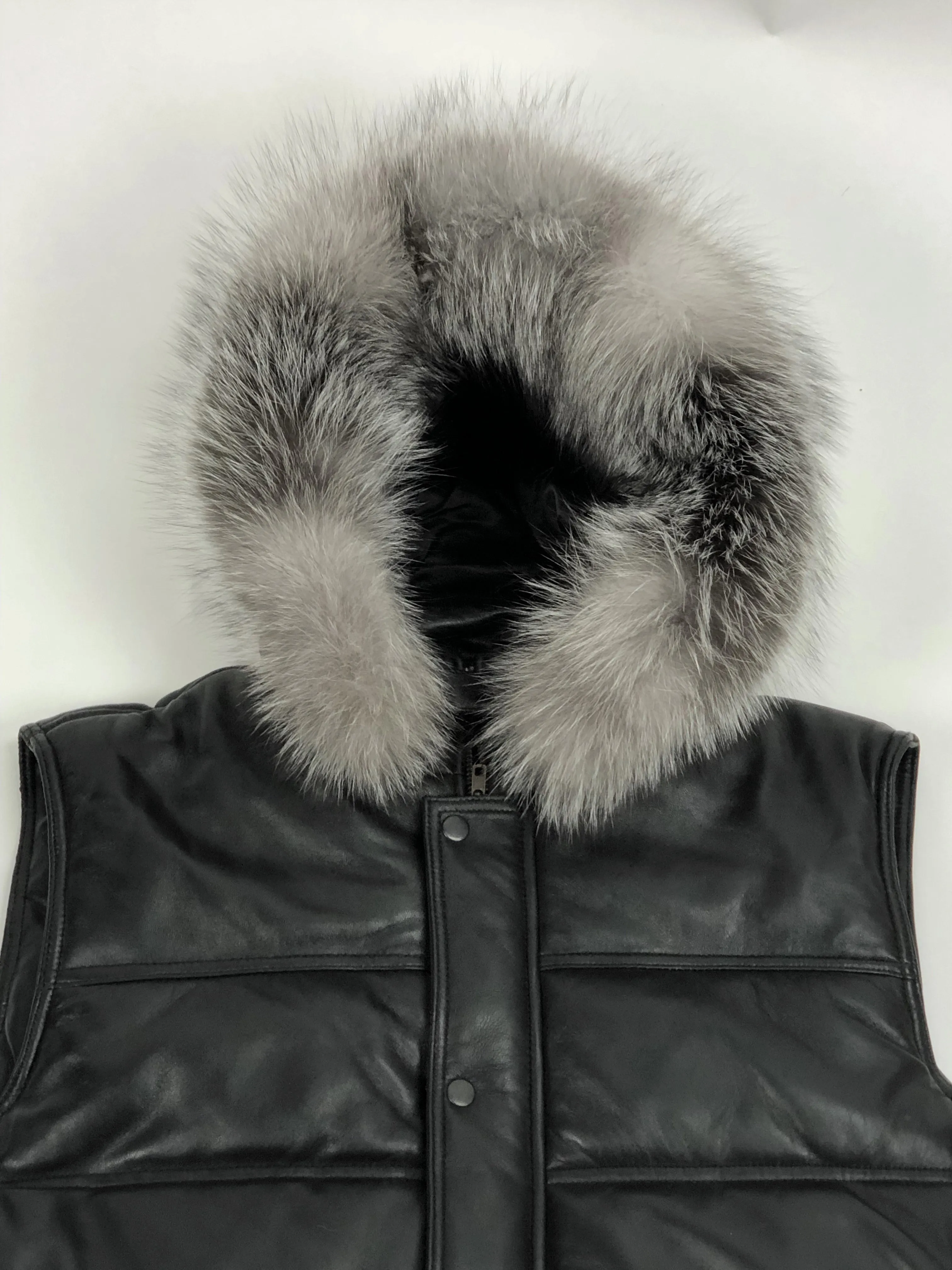 Men's Leather Bubble Vest With Premium Fox Fur Hood