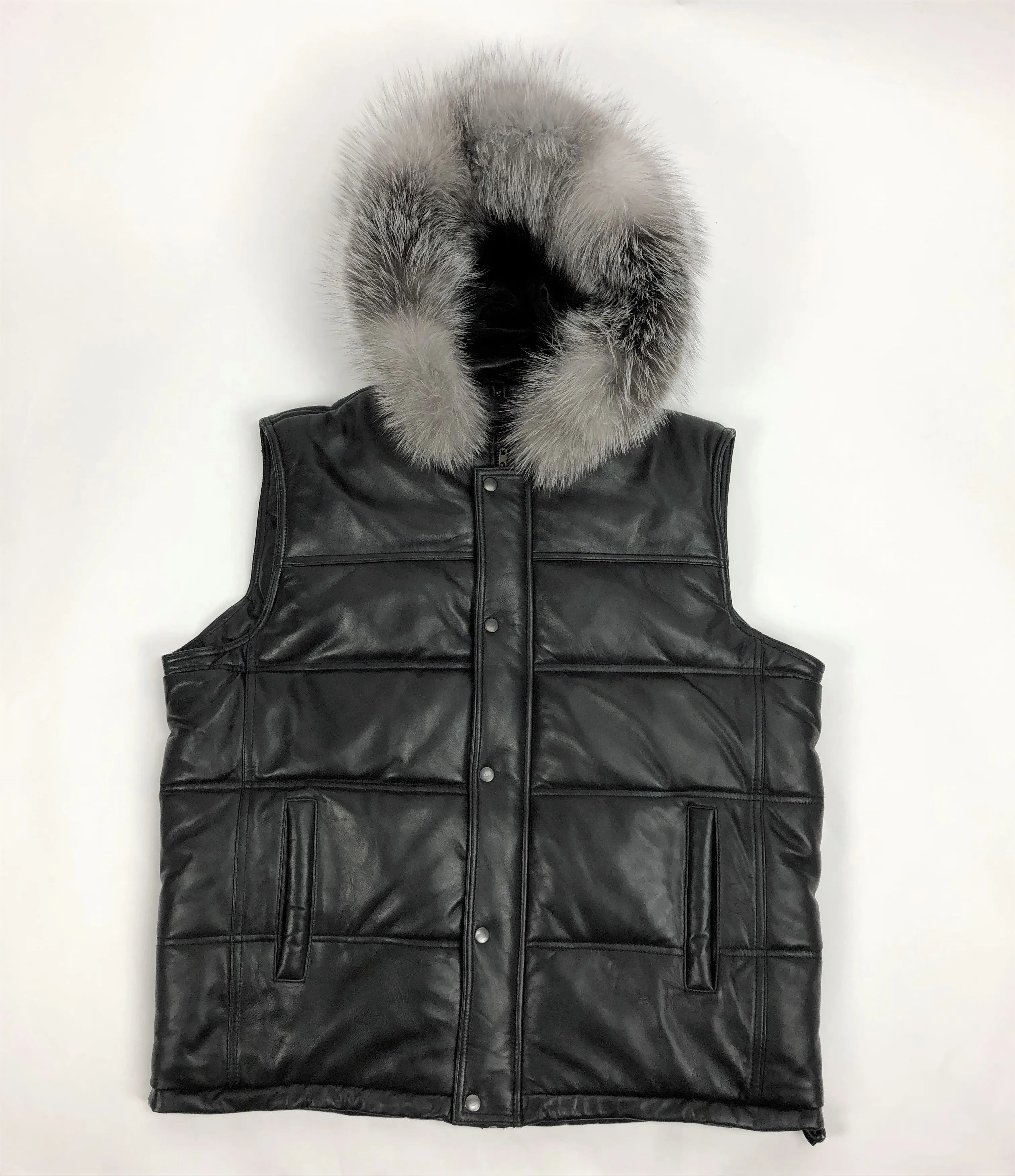 Men's Leather Bubble Vest With Premium Fox Fur Hood