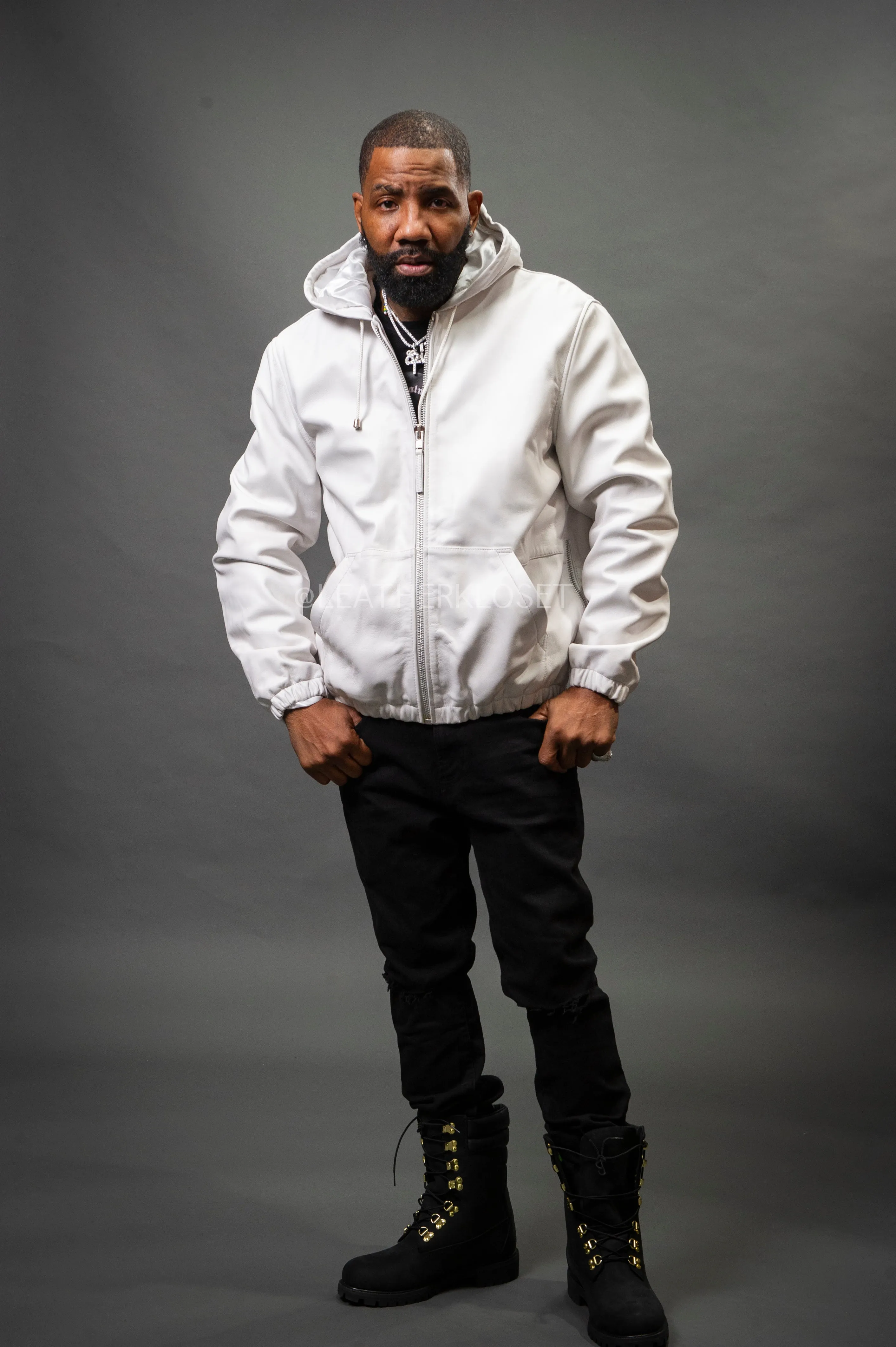 Men's Leather Hoodie [White]