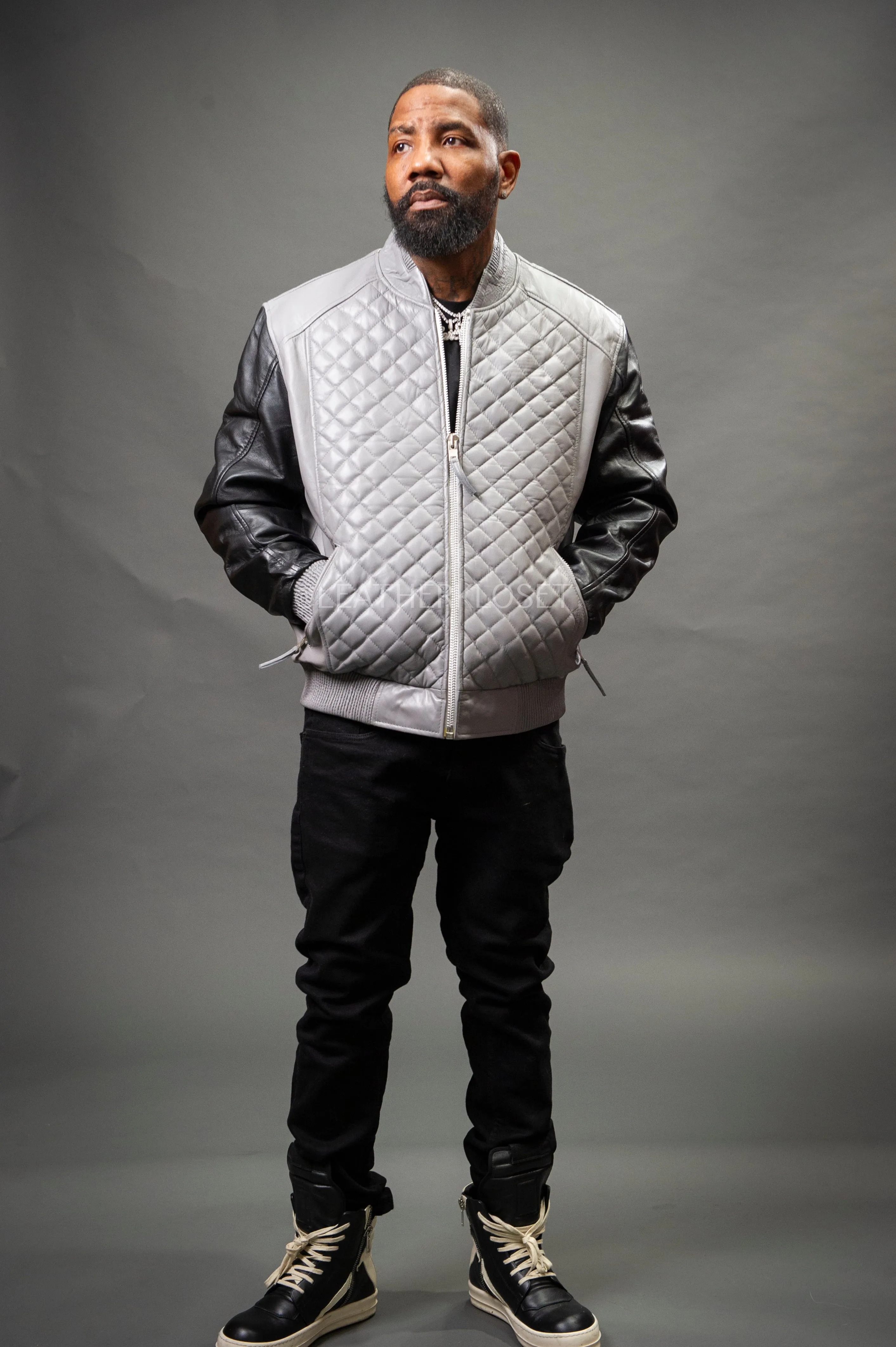 Men's Lucas Quilted Leather Bomber Jacket [Black/Gray]