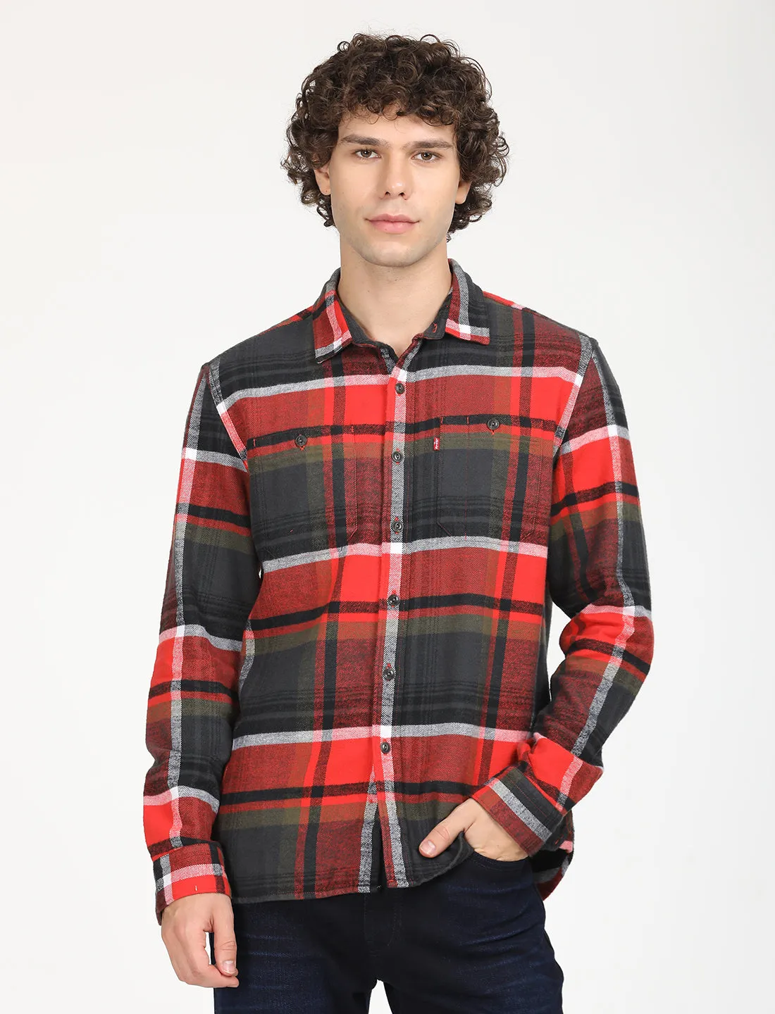 Men's Plaid Red Spread Collar Shacket