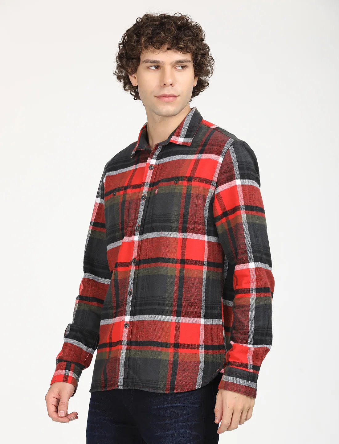 Men's Plaid Red Spread Collar Shacket