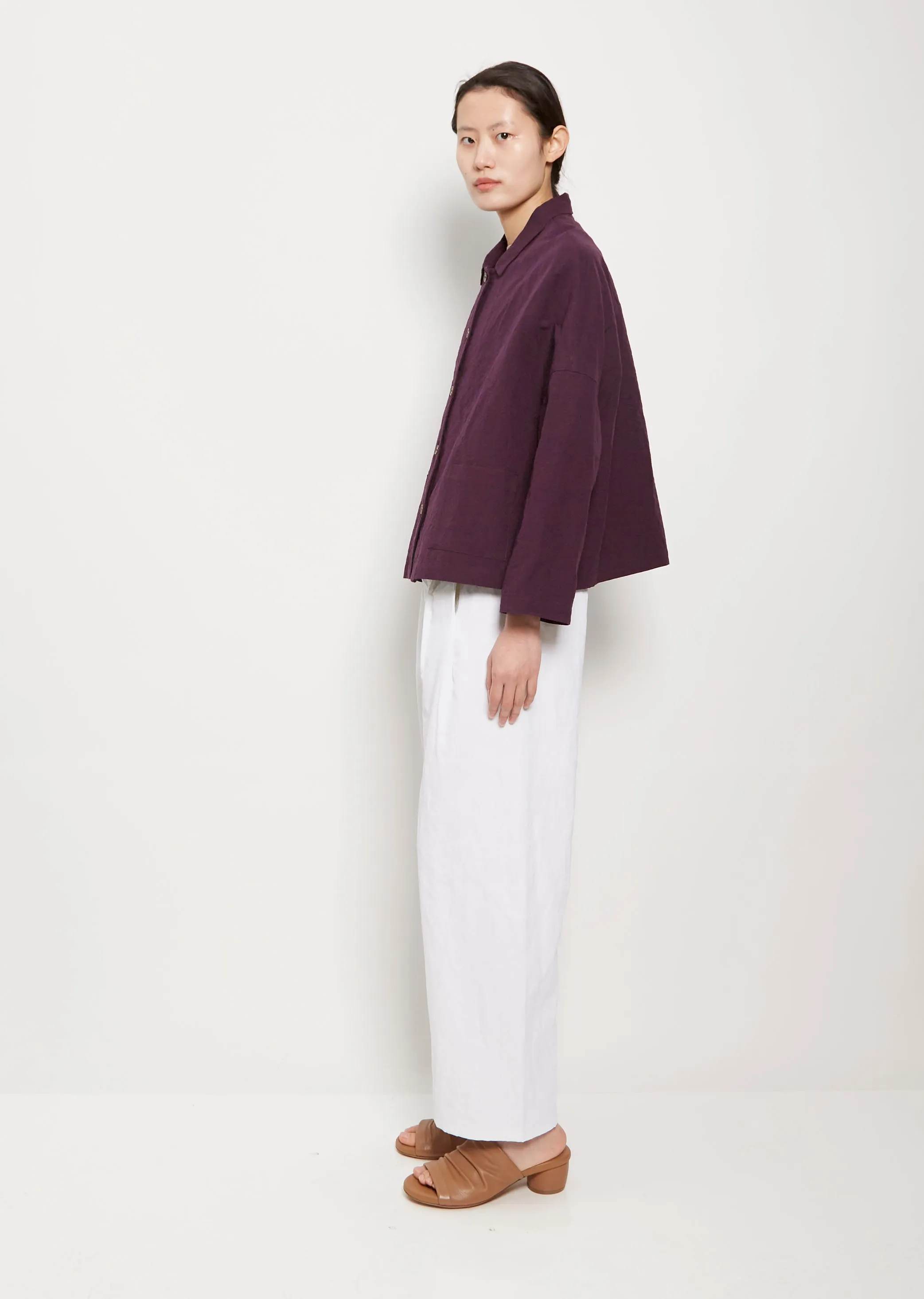 Mini Collar Linen Cotton Jacket — Aubergine