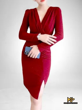 MJV2139 Long Sleeve High Slit Wrap Bodycon Dress