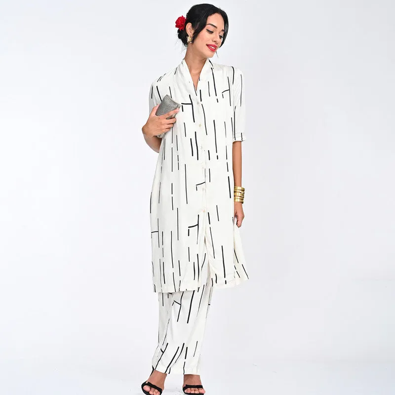 Modal Printed Co Ord Ord For Women | Shirt & Trouser | Draped Neck | Off White