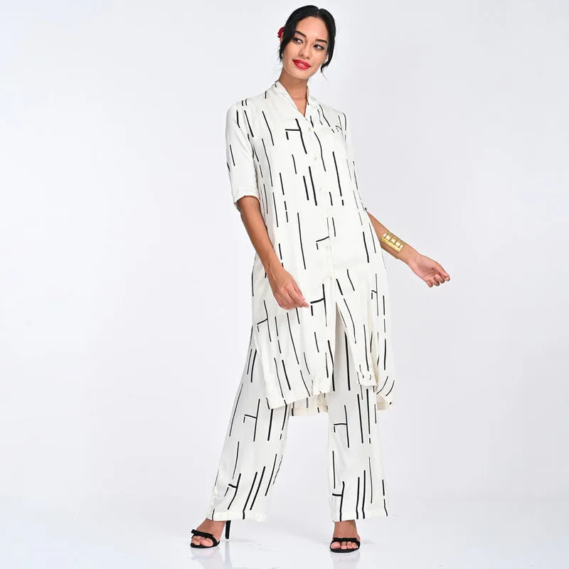 Modal Printed Co Ord Ord For Women | Shirt & Trouser | Draped Neck | Off White