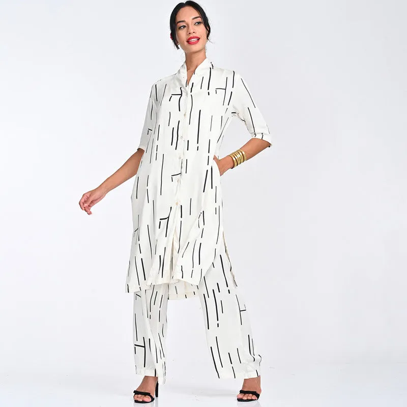 Modal Printed Co Ord Ord For Women | Shirt & Trouser | Draped Neck | Off White