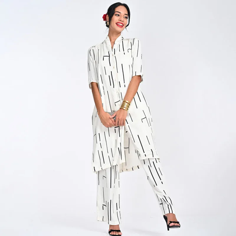 Modal Printed Co Ord Ord For Women | Shirt & Trouser | Draped Neck | Off White