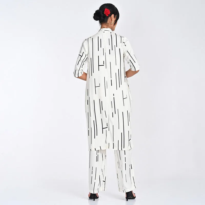 Modal Printed Co Ord Ord For Women | Shirt & Trouser | Draped Neck | Off White