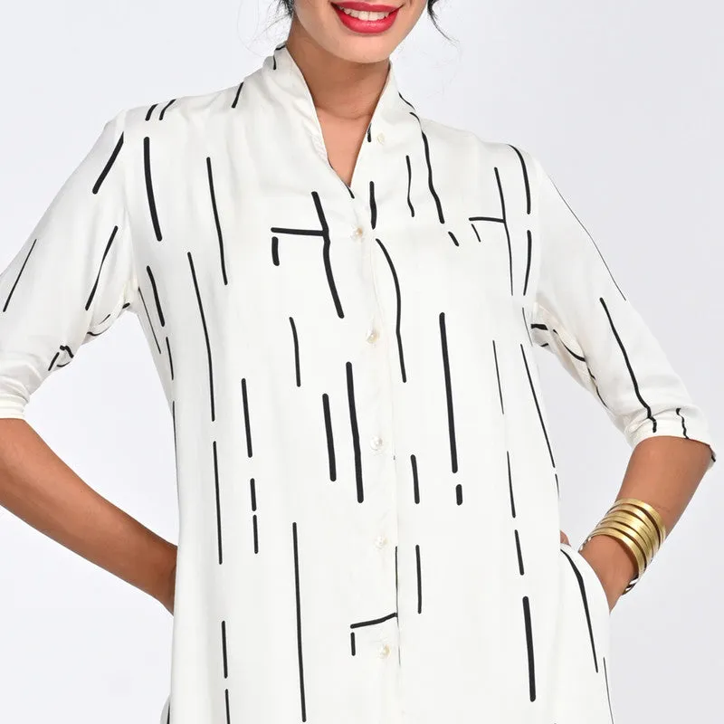 Modal Printed Co Ord Ord For Women | Shirt & Trouser | Draped Neck | Off White