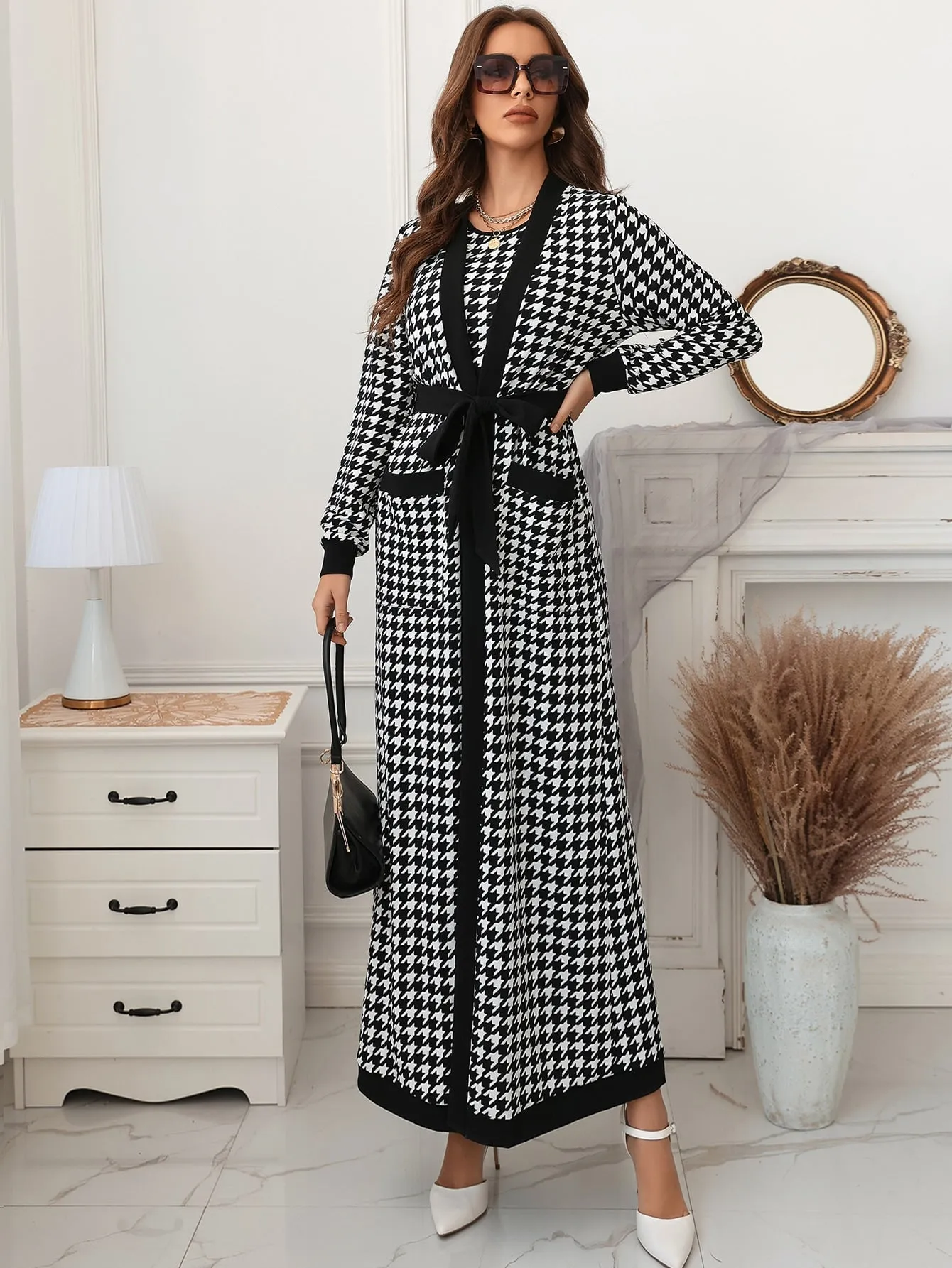 Modely Houndstooth Slit Back Bodycon Dress Patched Pocket Belted Coat