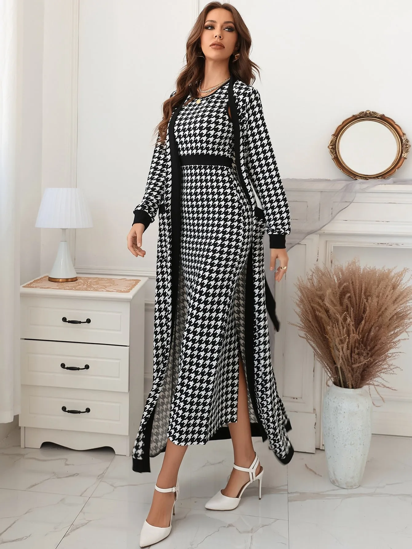 Modely Houndstooth Slit Back Bodycon Dress Patched Pocket Belted Coat