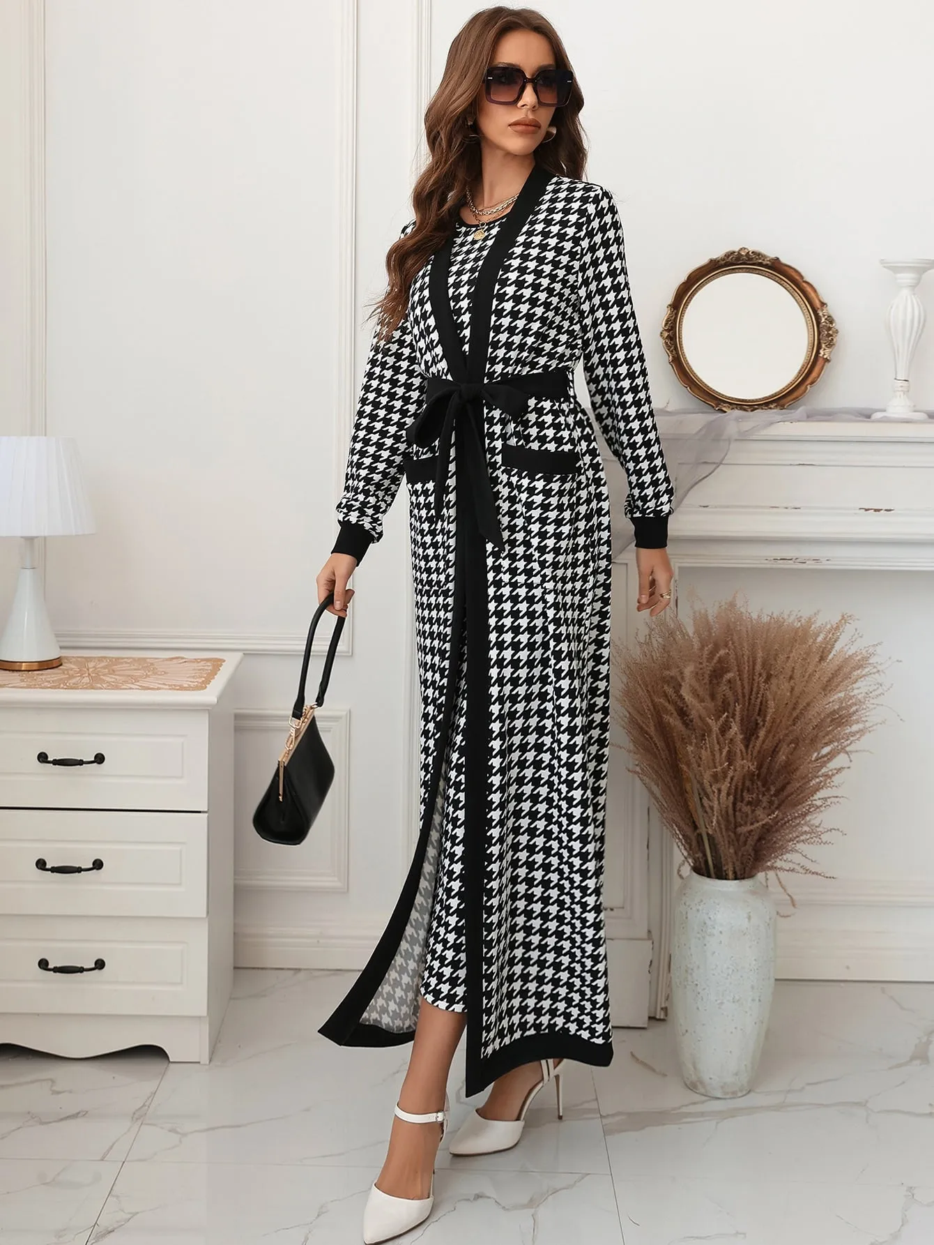 Modely Houndstooth Slit Back Bodycon Dress Patched Pocket Belted Coat