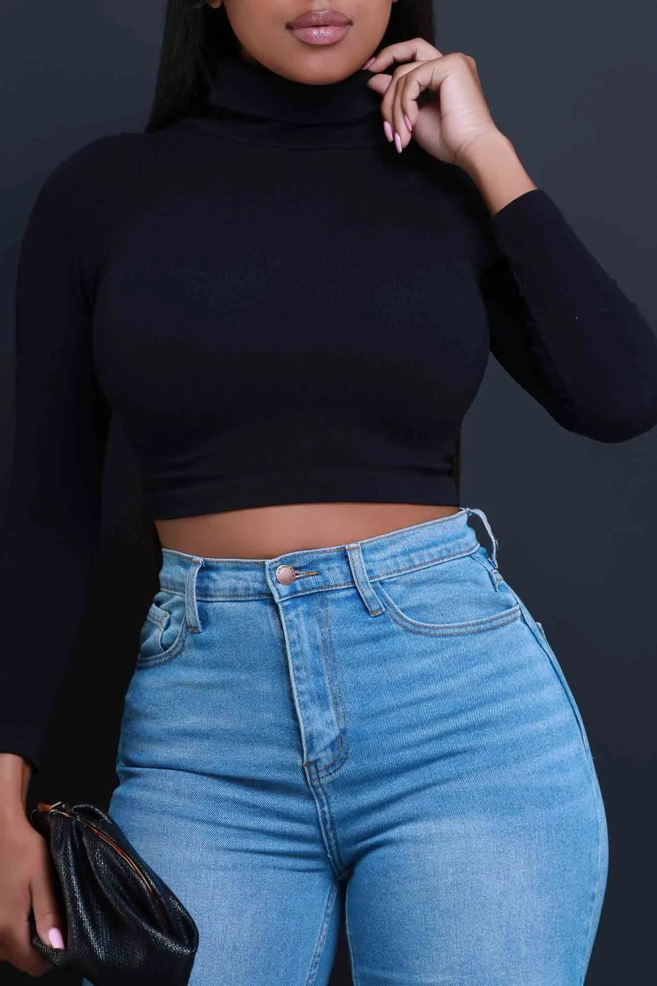 On Call Ribbed Turtleneck Crop Top - Black