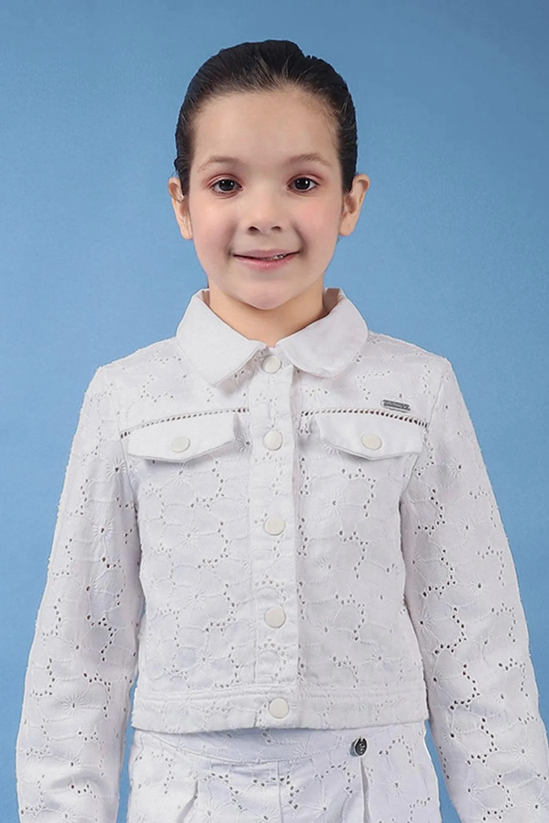 One Friday Kids Girls 100% Cotton White Schiffli Jacket With Lace