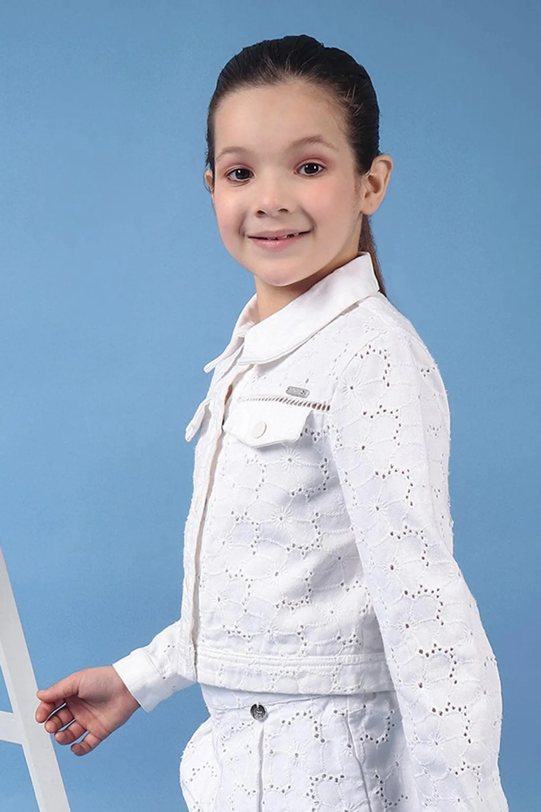 One Friday Kids Girls 100% Cotton White Schiffli Jacket With Lace