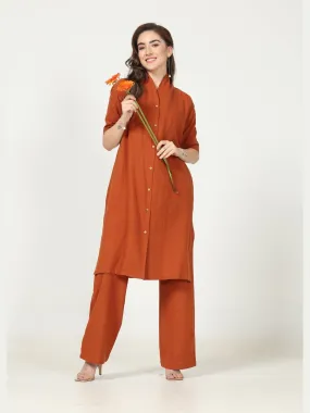 Organic Cotton Solid Long Shirt with Wide Leg Pant Co-ord Set