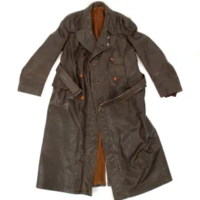 Original German WWII Kradmantel Brown Leather Greatcoat with PRYM Snaps - XL Size