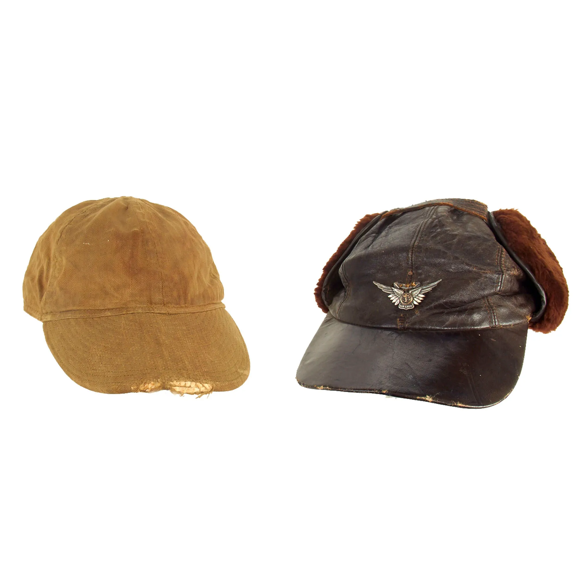 Original U.S. WWII USAAF British Made B-2 Style Winter Flying Cap With A3 HBT Mechanics Cap - 2 Items