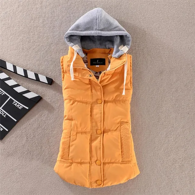 Pinky Is Black Autumn Winter Fashion Cotton Vest Women Patchwork Sleeveless Hooded Collar Casual Coat Colete Feminino Waistcoat