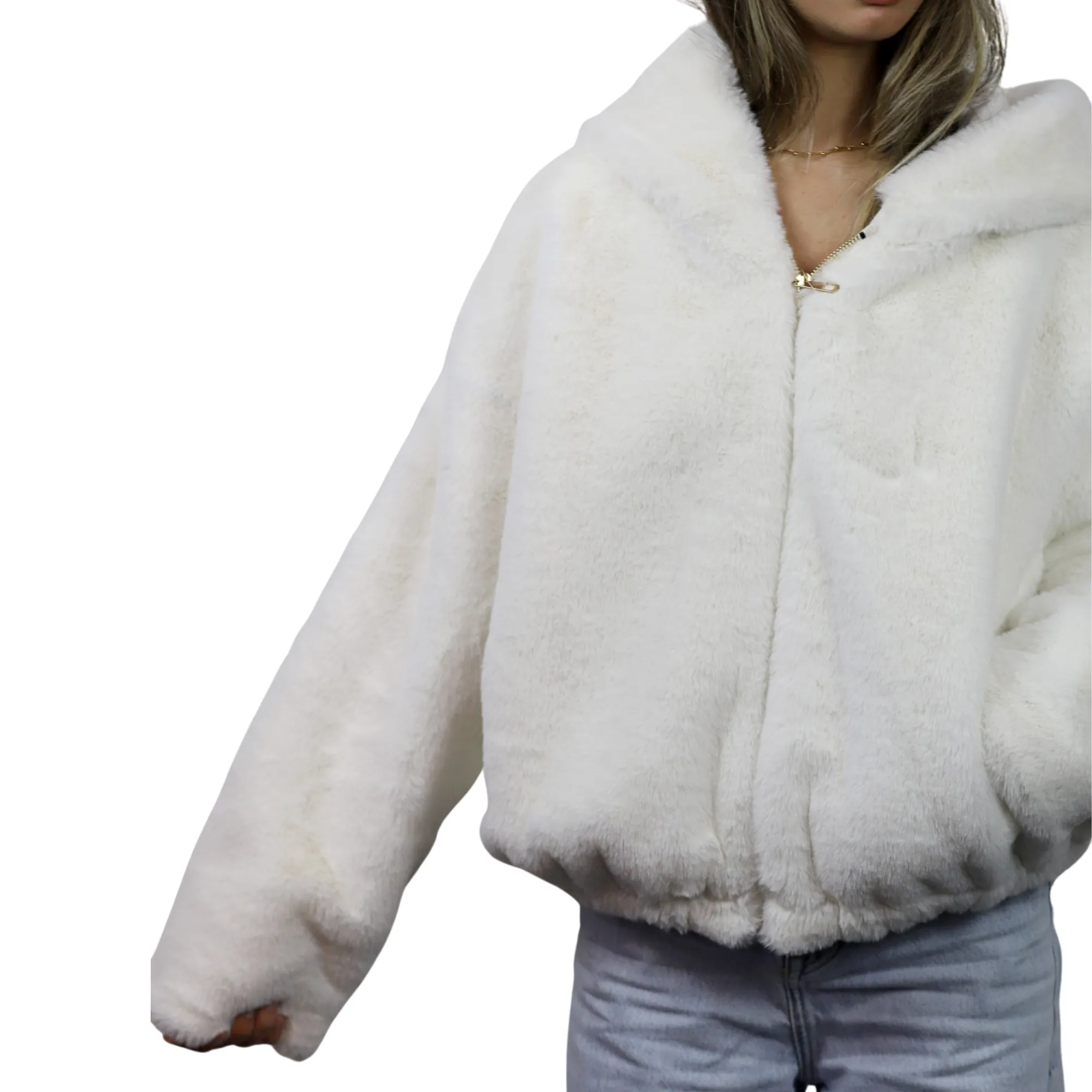 Plush Faux Fur Bomber Jacket - Ivory