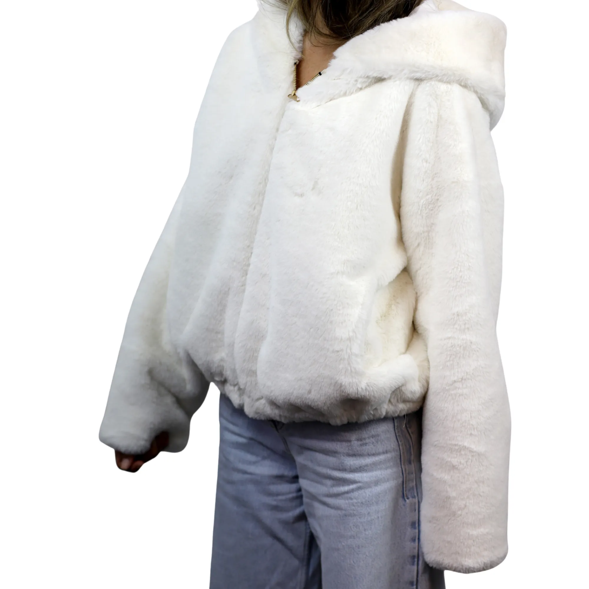 Plush Faux Fur Bomber Jacket - Ivory