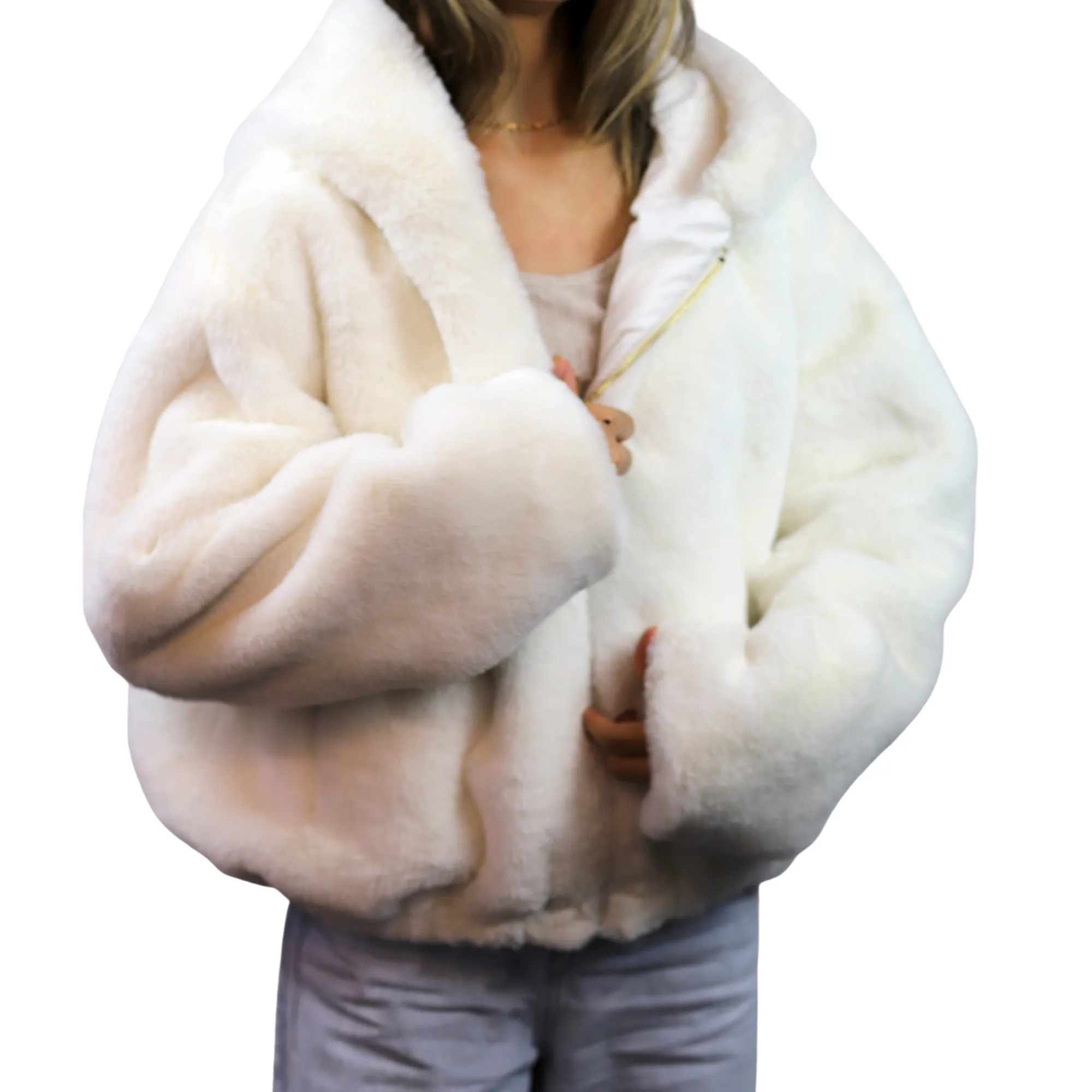 Plush Faux Fur Bomber Jacket - Ivory