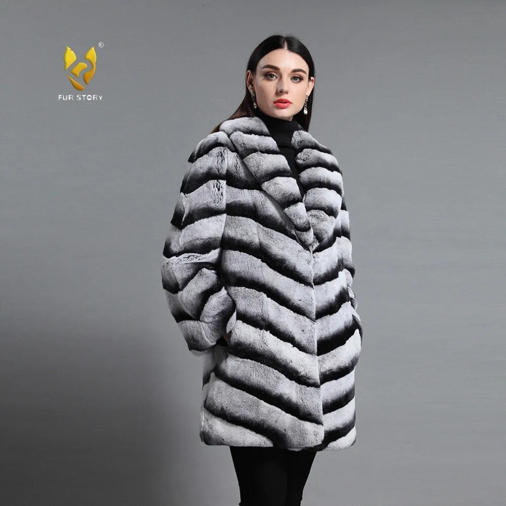 Real Rabbit Fur Women's Coats Chinchilla Color Full Sleeve Warm Winter Coat Fur Story FS161139