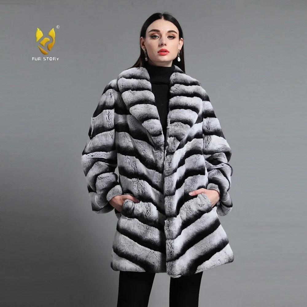 Real Rabbit Fur Women's Coats Chinchilla Color Full Sleeve Warm Winter Coat Fur Story FS161139