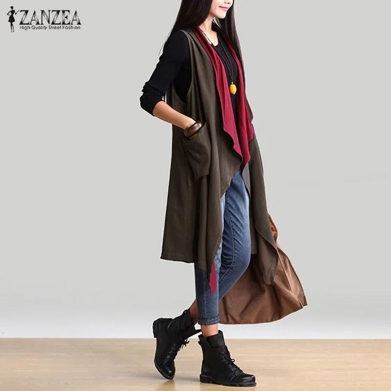 Reversible Casual Outerwear Sleeveless Long Trench Coat Cardigan for Women