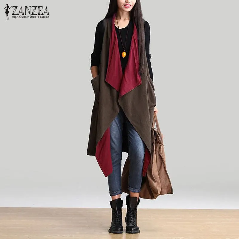 Reversible Casual Outerwear Sleeveless Long Trench Coat Cardigan for Women