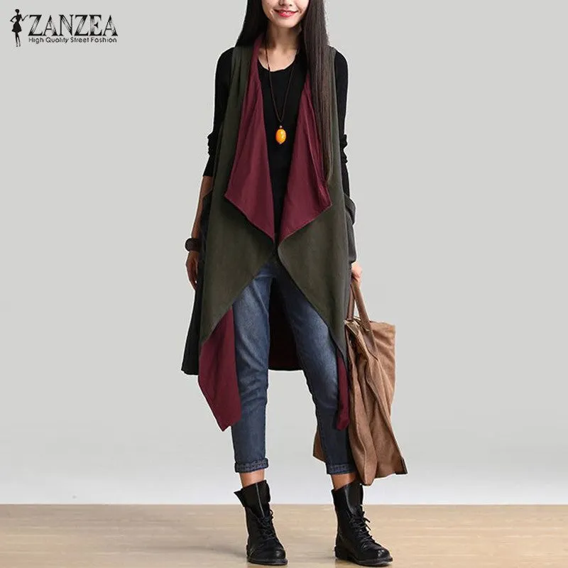 Reversible Casual Outerwear Sleeveless Long Trench Coat Cardigan for Women