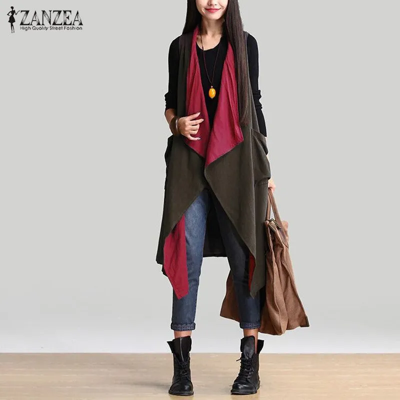 Reversible Casual Outerwear Sleeveless Long Trench Coat Cardigan for Women