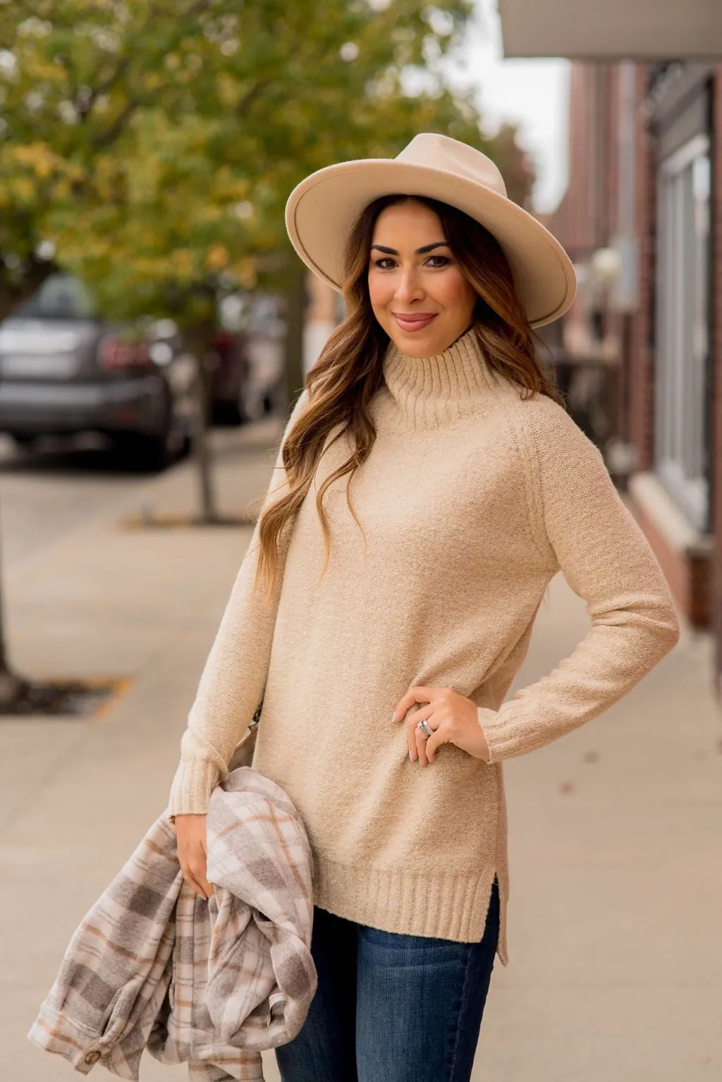 Ribbed Trim Turtleneck Tunic