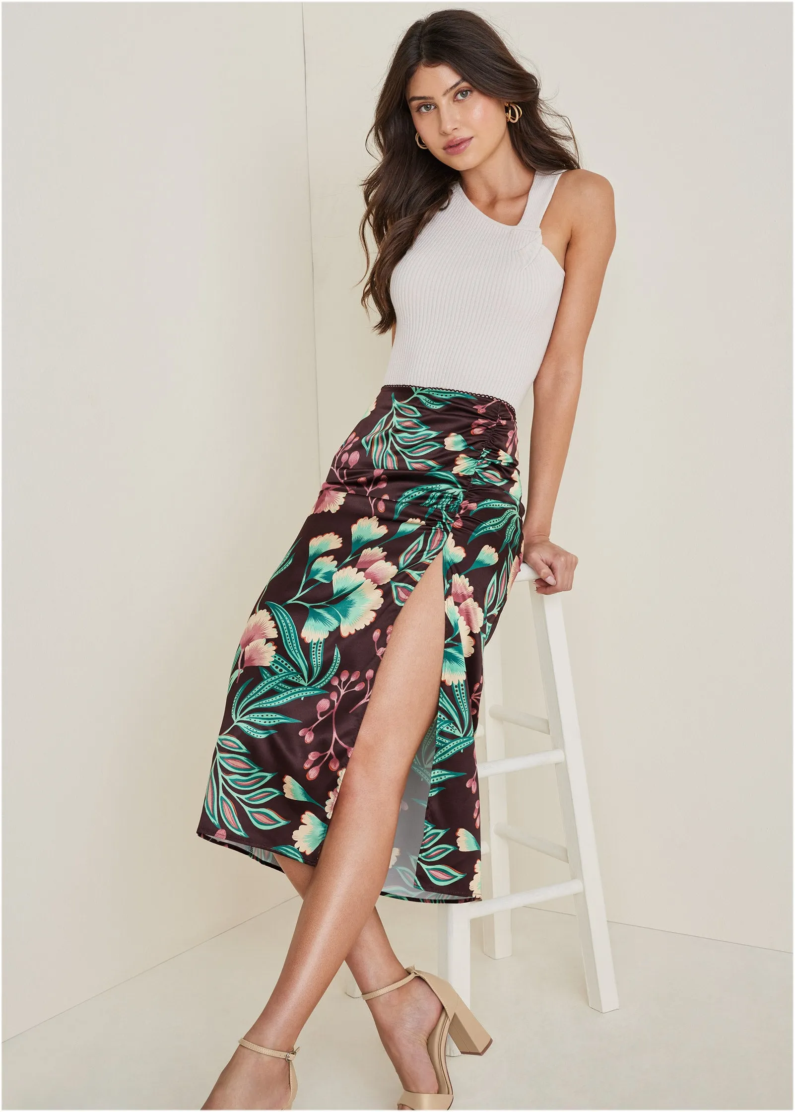 Ruched Detail Midi Skirt - Lake Botanical