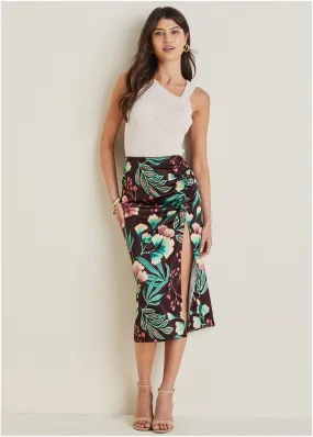 Ruched Detail Midi Skirt - Lake Botanical