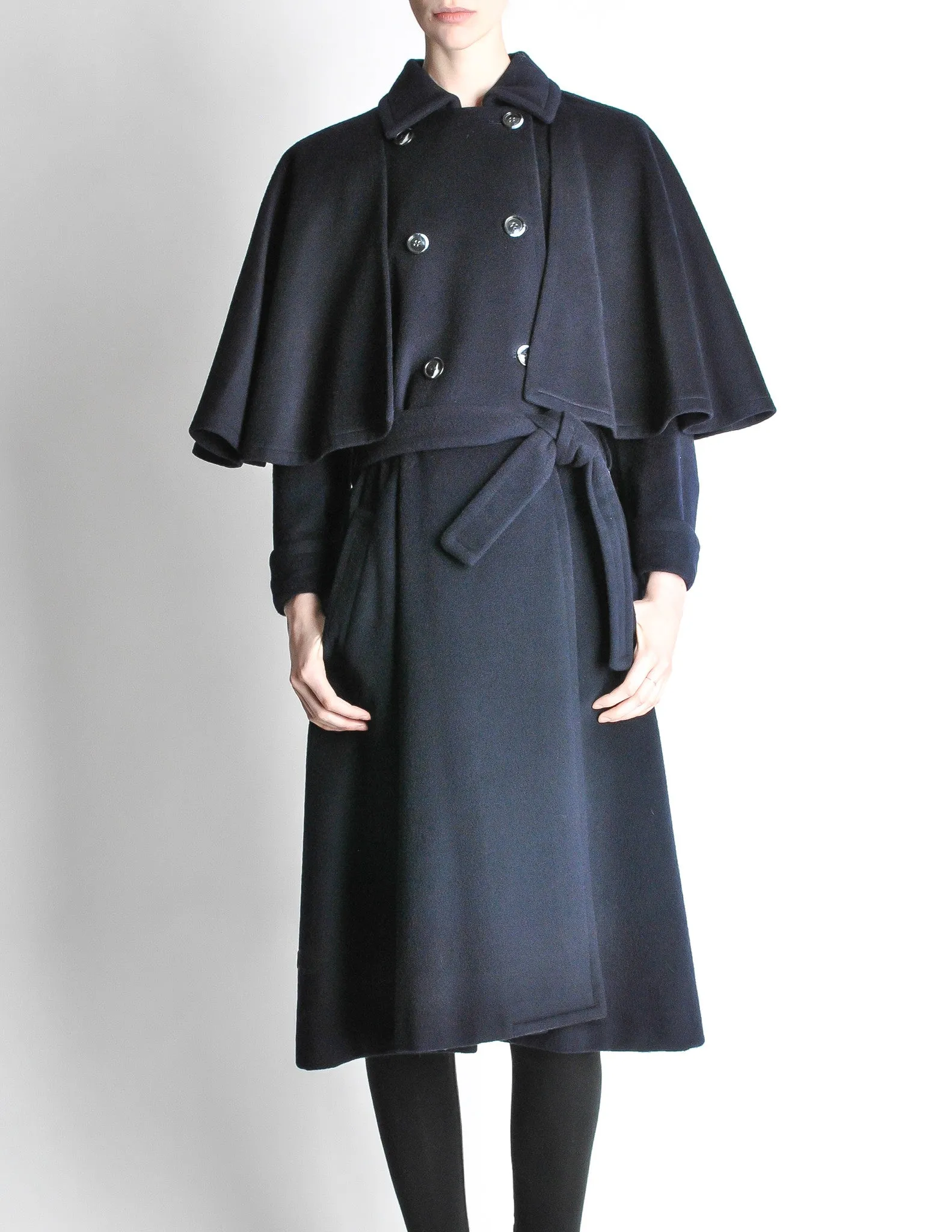 Saint Laurent Rive Gauche Vintage Navy Blue Wool Cape Trench Coat