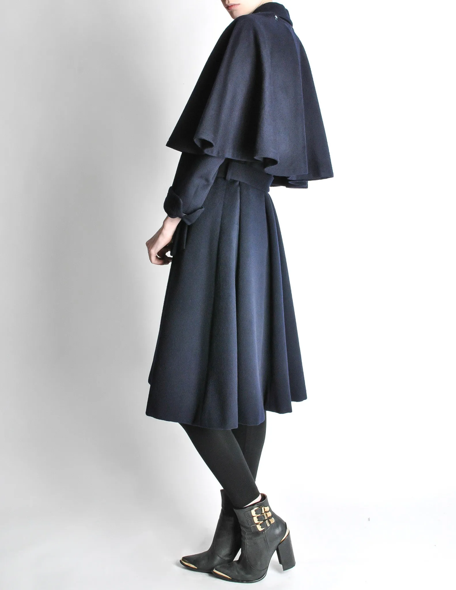 Saint Laurent Rive Gauche Vintage Navy Blue Wool Cape Trench Coat