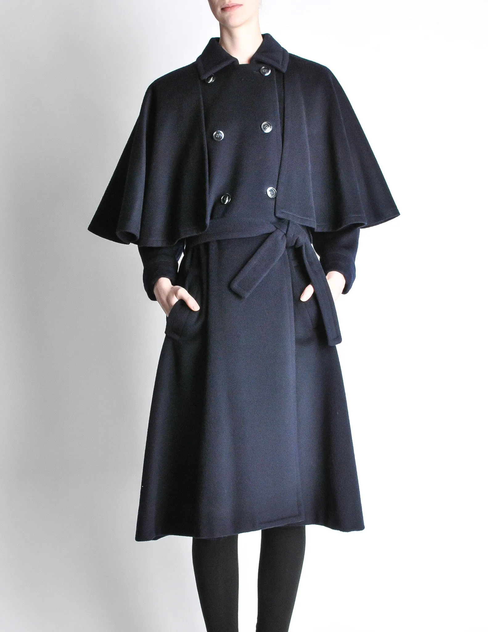 Saint Laurent Rive Gauche Vintage Navy Blue Wool Cape Trench Coat