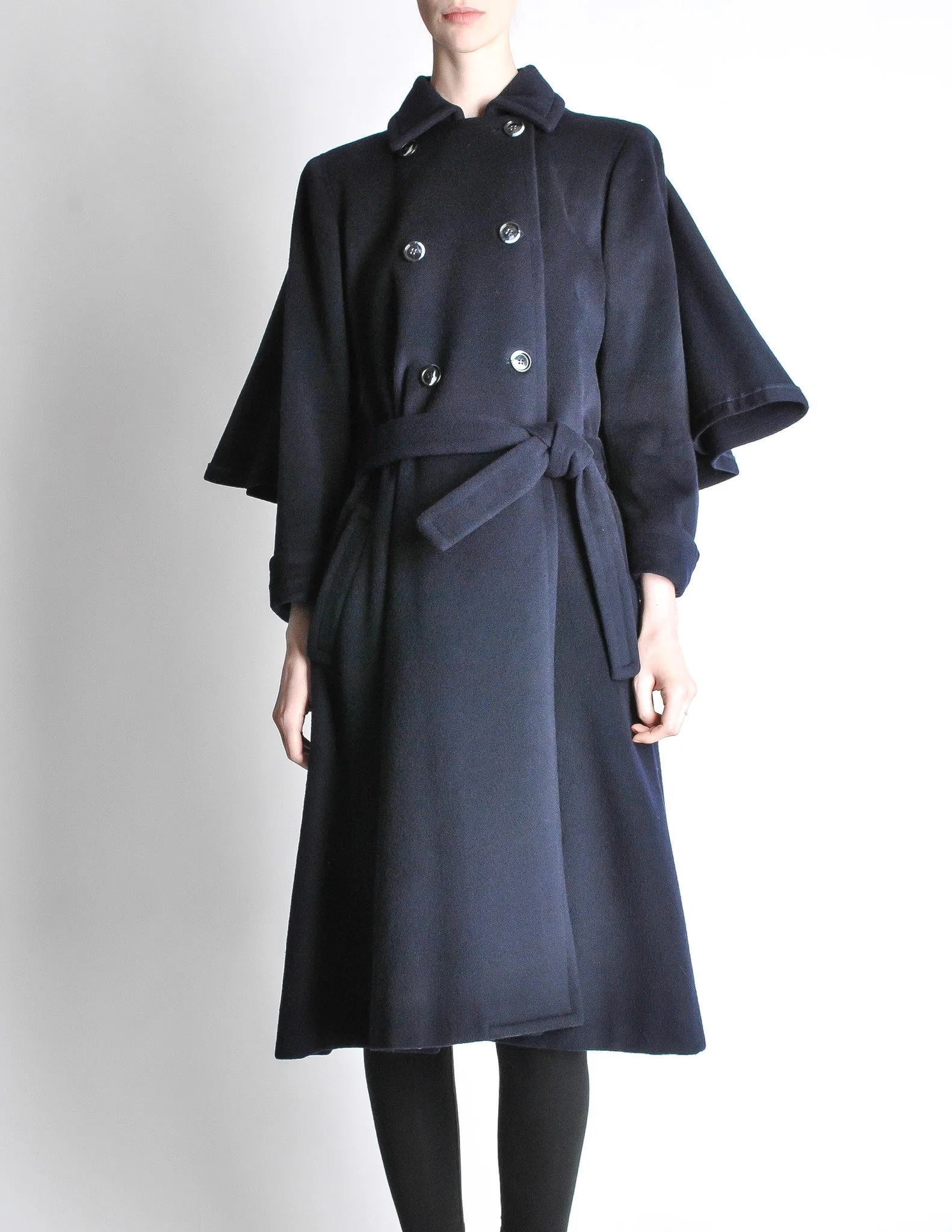 Saint Laurent Rive Gauche Vintage Navy Blue Wool Cape Trench Coat