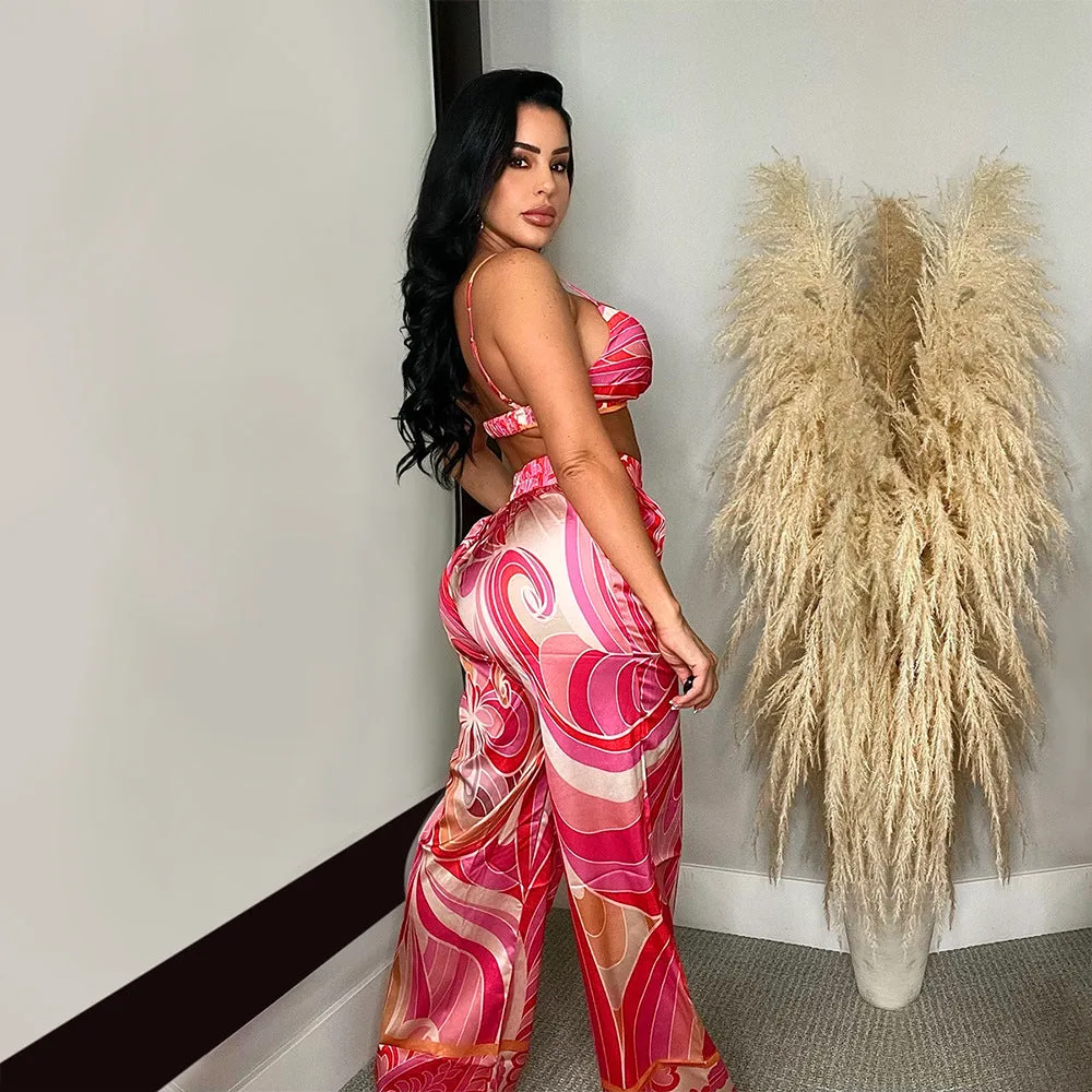 Sexy Pink Abstract Print 3 Piece Pants Set